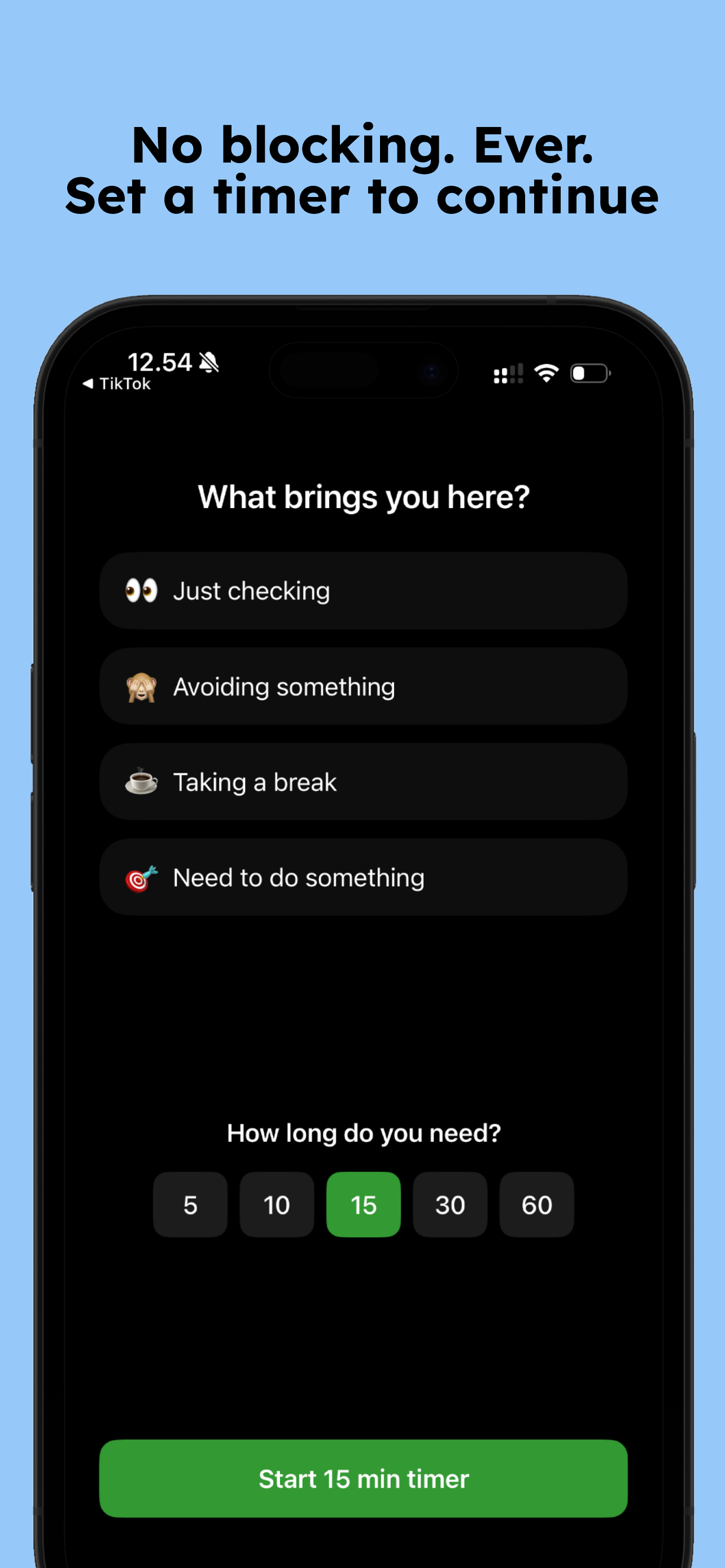 Phoneless Garden app showing the mindful pause prompt asking What brings you here?