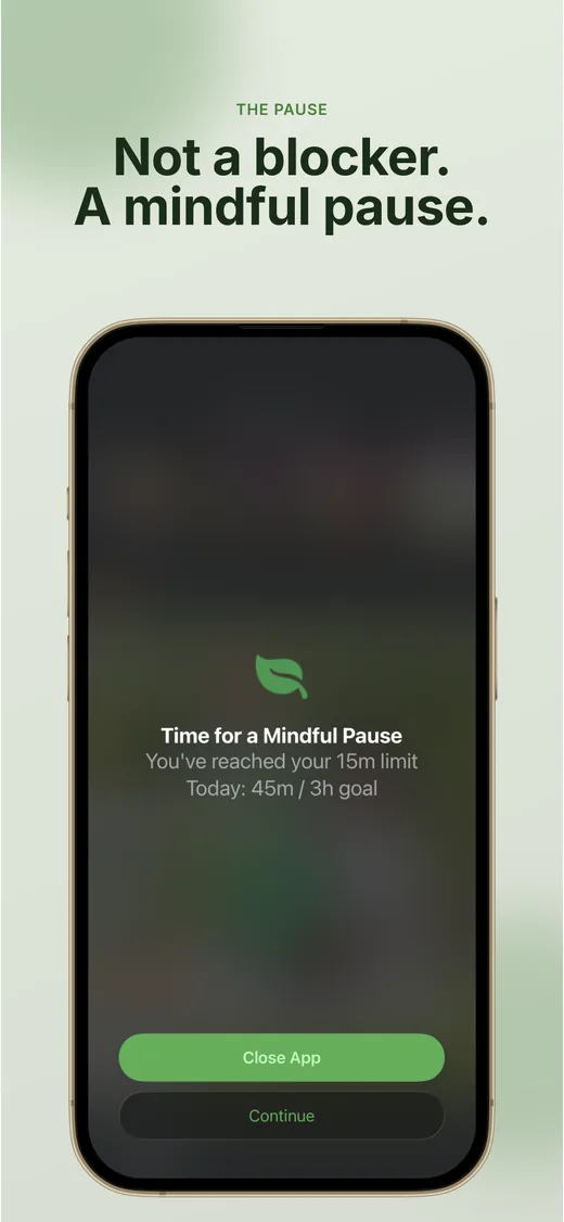 Phoneless Garden app showing the mindful pause prompt asking What brings you here?