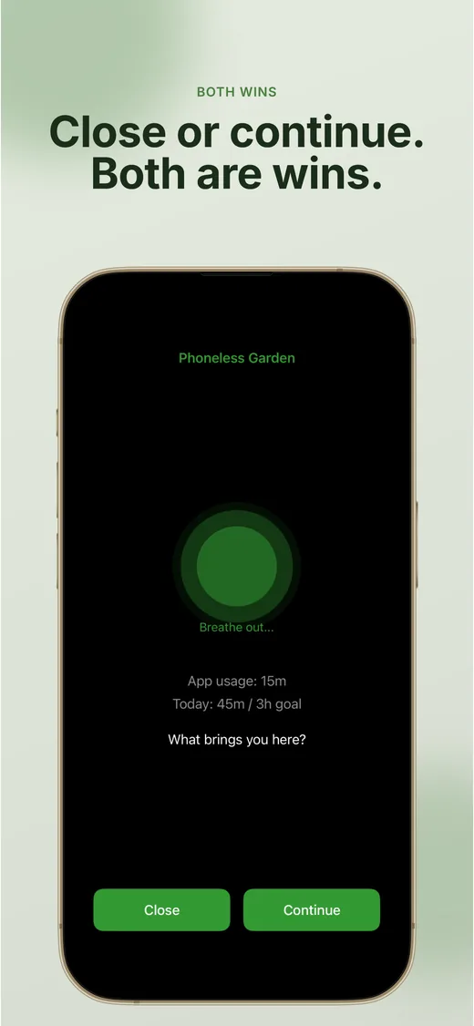 Phoneless Garden app showing the breathing pause screen with a calming animation