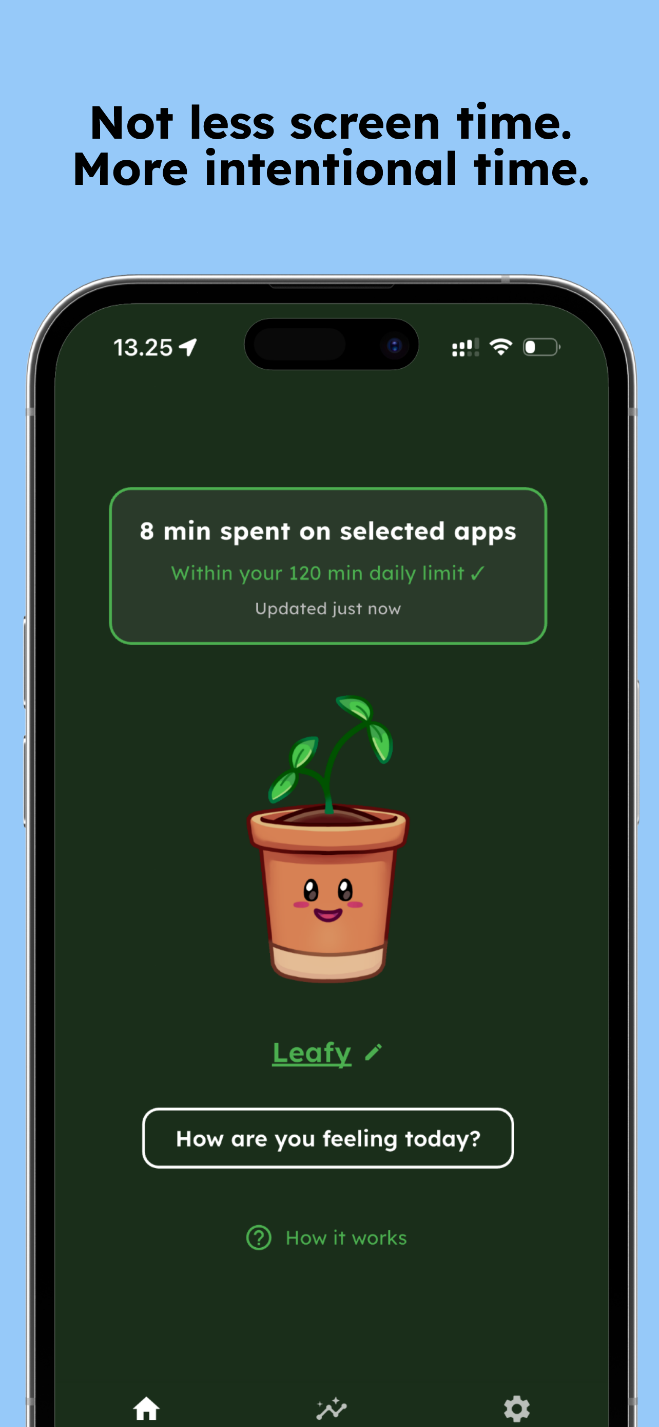 Phoneless Garden app showing the garden view with growing plants representing conscious choices